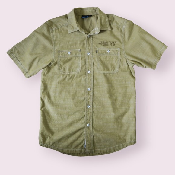 WIDMER BROTHERS BREWING KAVU Button Down Cotton Shirt Sz S Green Yellow Logo - Picture 1 of 9